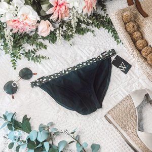 NWT W Swim Black/Green Banded Bikini Bottoms XS